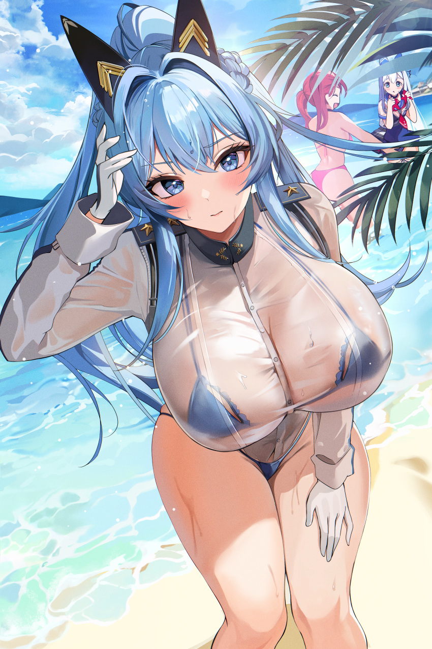 3_girls absurd_res aegis_(nikke) anchor_(nikke) beach bikini blue_bikini blue_eyes blue_hair blue_sky blush breasts day gloves goddess_of_victory:_nikke helm_(nikke) hido_(cherryhido) high_ponytail high_res huge_breasts leaning_forward long_hair looking_at_viewer mast_(nikke) md5_mismatch micro_bikini multiple_girls outside pink_bikini revision see-through see-through_shirt sky solo_focus swimsuit thighs twin_tails very_long_hair water wet wet_clothes white_gloves