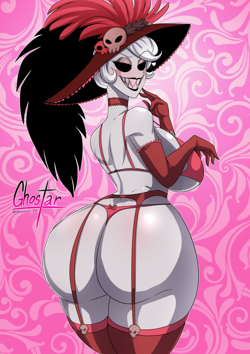 big_ass black_eyes dat_ass ghostar grey_hair grey_skin hat hazbin_hotel lingerie looking_back rosie_(hazbin_hotel) sharp_teeth smirk