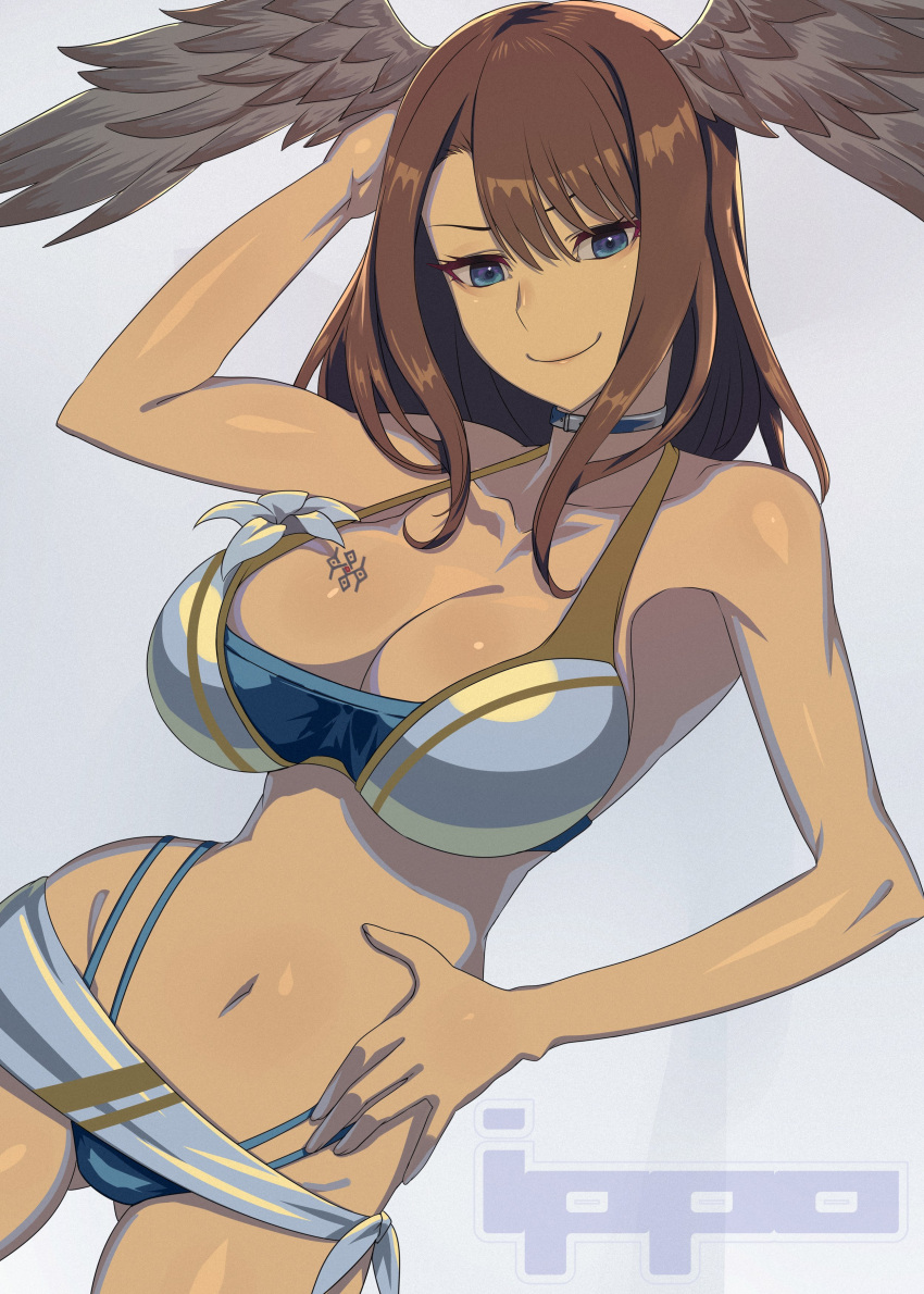 1girl 1girl 1girl alluring angel_wings arm_behind_head big_breasts big_breasts big_breasts bikini blue_eyes breasts brown_hair cleavage confident eunie_(xenoblade) female_only hand_on_own_hip ippoxbox360 legs looking_at_viewer model_pose navel nintendo pose posing sarong seductive_smile sensual short_hair smile swimsuit tagme thighs thong_bikini wings wings_on_head xenoblade_(series) xenoblade_chronicles_3