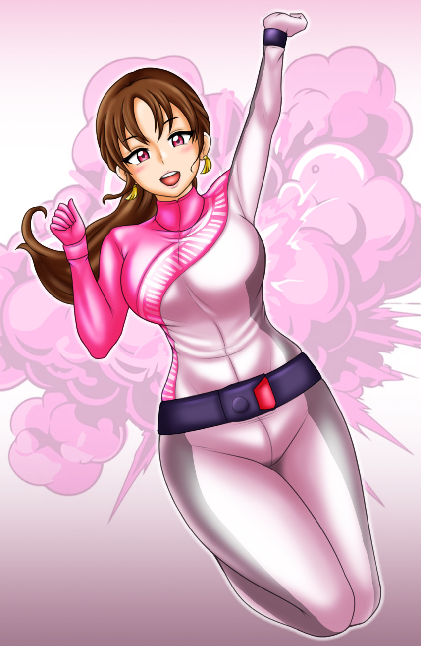 1girl alluring bakuage_sentai_boonboomger belt big_breasts bodysuit magenta_eyes no_helmet pin_up ponytail shifuto_mirai super_sentai treezero