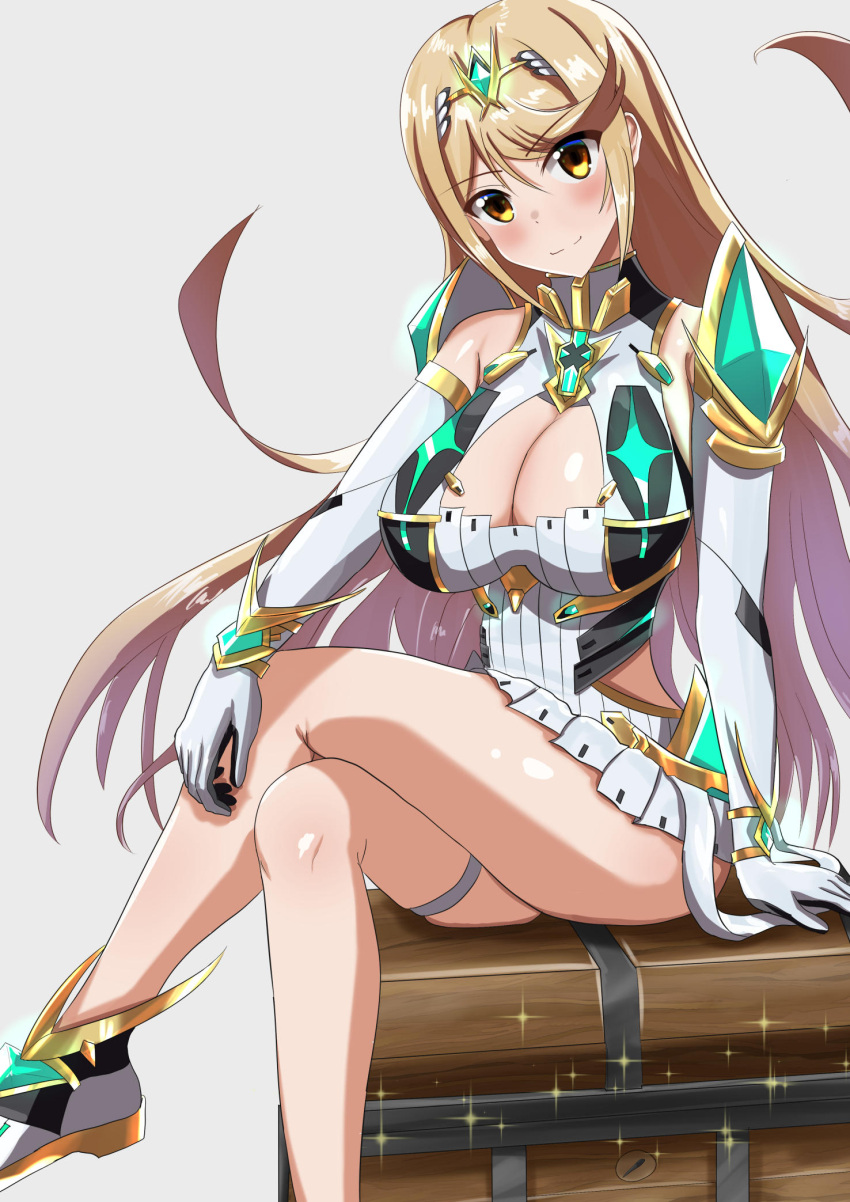 1girl 1girl alluring big_breasts blonde_hair breasts buhiko chest_jewel cleavage cleavage_cutout clothing_cutout high_res long_hair mythra nintendo very_long_hair xenoblade_(series) xenoblade_chronicles_2 yellow_eyes