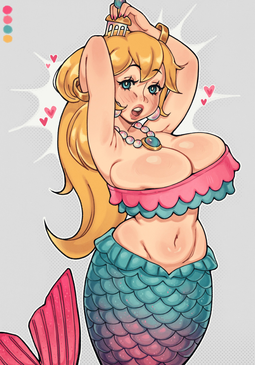 1girl absurd_res big_breasts blonde_hair blue_eyes blush breasts brushing_hair cleavage color_palette earrings female female_only grey_background long_hair looking_at_viewer mario_(series) mermaid mermaid_peach navel nintendo pearl_earrings pearl_necklace princess_peach princess_peach:_showtime! solo surprised surprised_expression thirstformilk topwear