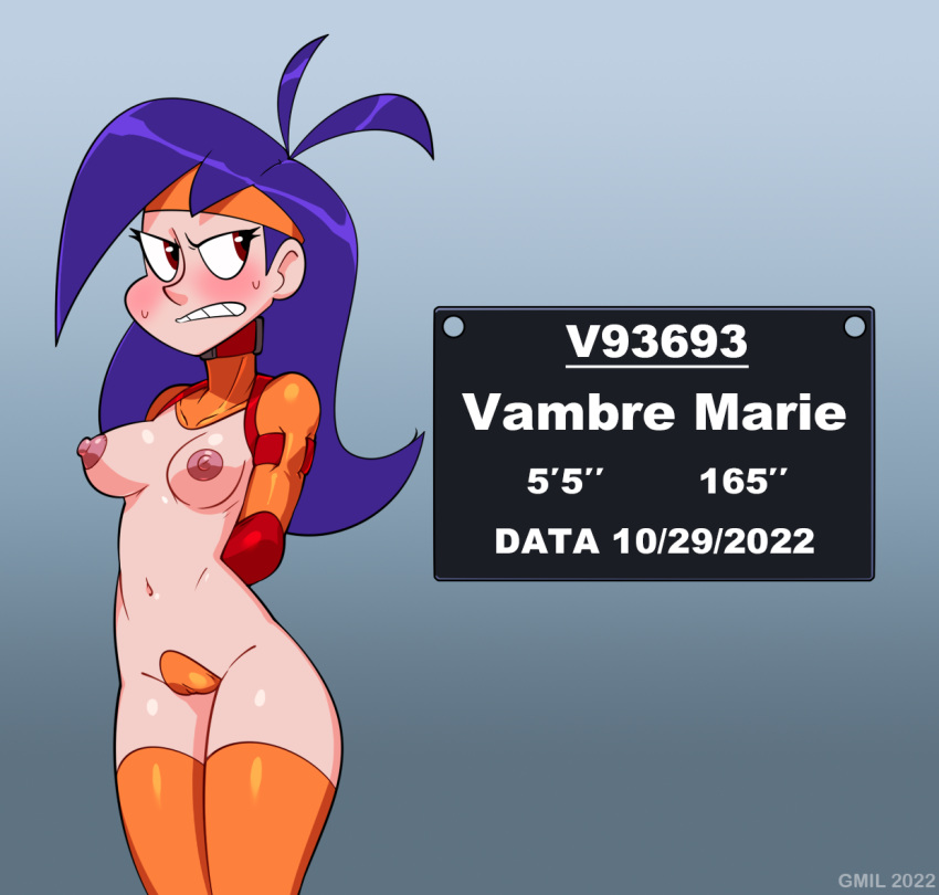 1girl 2022 areola arms_behind_back blush bondage breasts cartoon_network female_only gmil headband human latex legwear light-skinned_female light_skin long_hair looking_away maebari mighty_magiswords navel nipples orange_legwear purple_hair standing stockings sweat text vambre_warrior