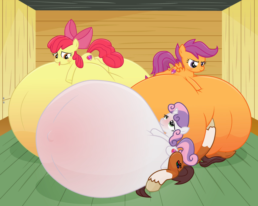 1boy 3_girls apple_bloom cumflation hyper_belly my_little_pony scootaloo sweetie_belle xniclord789x