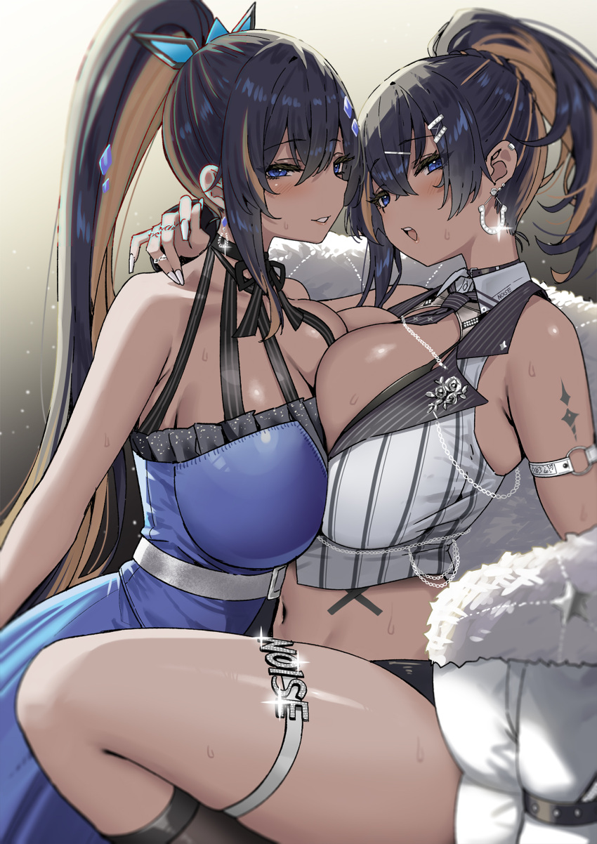 1girl 2_girls :d arm_strap bare_shoulders big_breasts black_hair black_necktie blue_dress blue_eyes blush breasts brown_hair dark-skinned_female dark_skin dress earrings goddess_of_victory:_nikke hair_between_eyes hair_ornament hairclip high_res jacket jewelry long_hair looking_at_viewer multicolored_hair navel neck_tie noise_(nikke) official_alternate_costume open_mouth parted_lips ponytail ring selfcest sky_(freedom) smile thigh_strap thighs two-tone_hair white_jacket