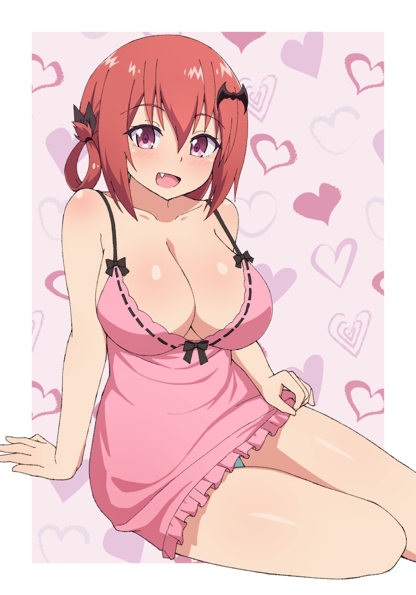 1girl 1girl :d bad_id bad_pixiv_id bat_hair_ornament big_breasts black_bow blue_panties blush bow breasts dress fang frills gabriel_dropout hair_between_eyes hair_ornament hair_rings heart high_res lingerie long_hair looking_at_viewer nightgown nyaroon open_mouth panties pink_dress purple_eyes red_hair satanichia_kurumizawa_mcdowell sitting smile strap_gap thighs underwear yokozuwari