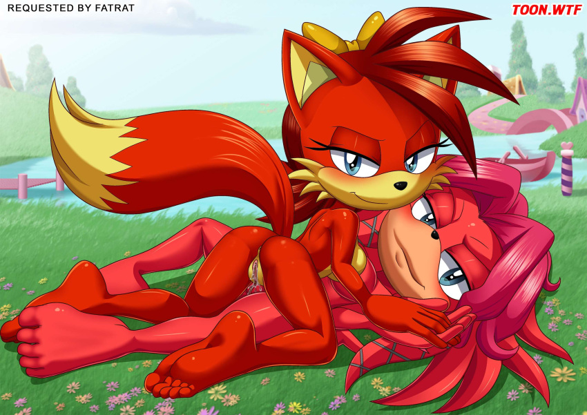 anus bbmbbf blush breasts_pressed_together feet fiona_fox holding_hands horny lien-da looking_at_viewer mobius_unleashed palcomix pussy pussy_rubbing red_fur sega soles sonic_(series) sonic_the_hedgehog_(series) wet yuri