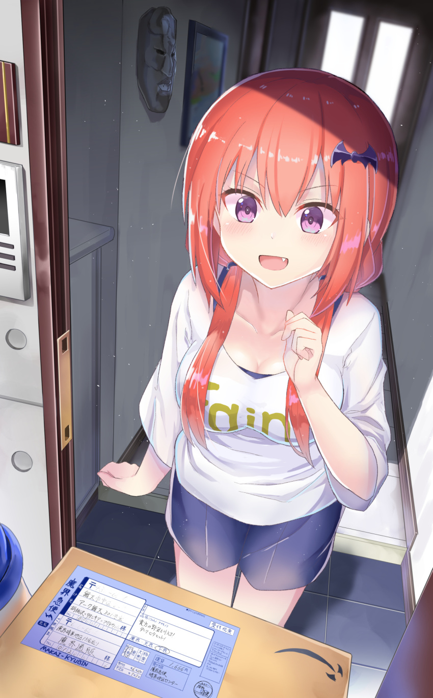 1girl :d absurd_res amazon_(company) bat_hair_ornament blush box breasts cardboard_box cleavage fang gabriel_dropout hair_ornament happy high_res indoors jojo_no_kimyou_na_bouken logo_parody medium_breasts medium_hair open_mouth package purple_eyes red_hair satanichia_kurumizawa_mcdowell sfw shirt smile solo_focus stone_mask_(jojo) tenma-gav twin_tails white_shirt