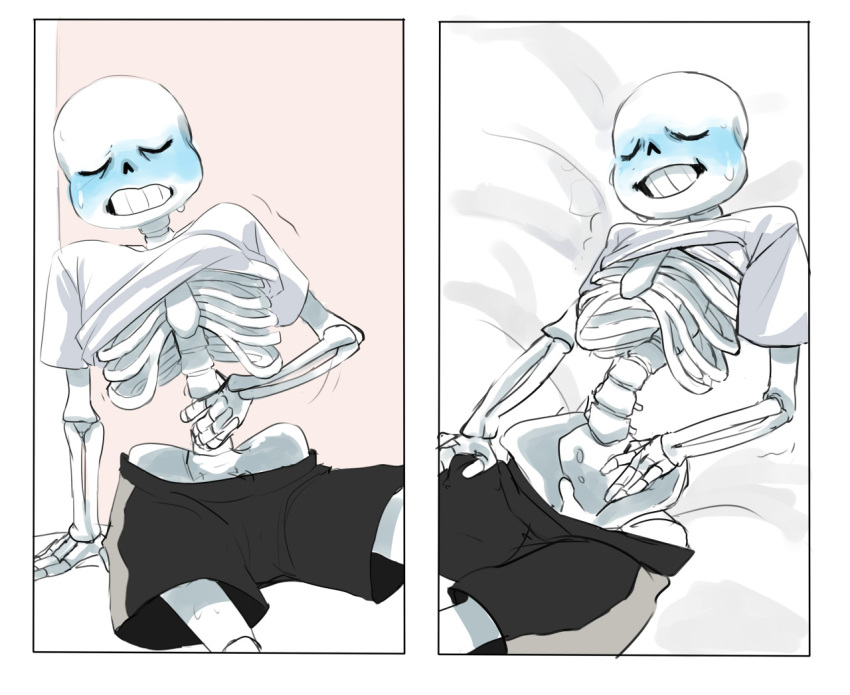 2010s 2015 animated_skeleton blue_blush blush cheztnuts closed_eyes groping_self monster pants_down sans sans_(undertale) shirt_lift shirt_pulled_up shirt_up skeleton solo touching_self undead undertale undertale_(series)