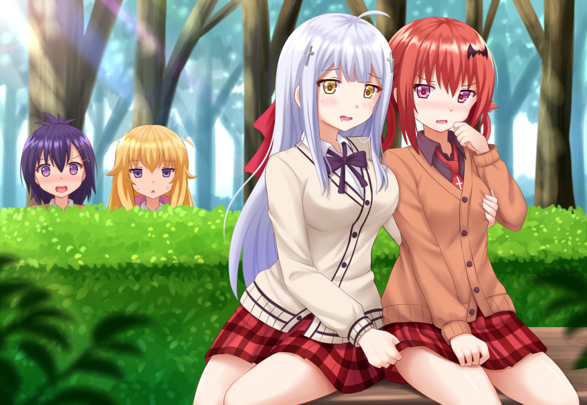 4girls :d bat_hair_ornament black_hair blonde_hair blush bow breast_grab breasts cardigan cross cross_hair_ornament fang gabriel_dropout gabriel_tenma_white grabbing grabbing_another's_breast grey_hair hair_ornament high_res kazenokaze long_hair medium_breasts multiple_girls neck_tie open_mouth outside pink_eyes plaid plaid_skirt purple_eyes raphiel_shiraha_ainsworth red_hair satanichia_kurumizawa_mcdowell school_uniform short_hair skirt small_breasts smile tree triangle_mouth v-shaped_eyebrows vignette_tsukinose_april wavy_mouth yuri