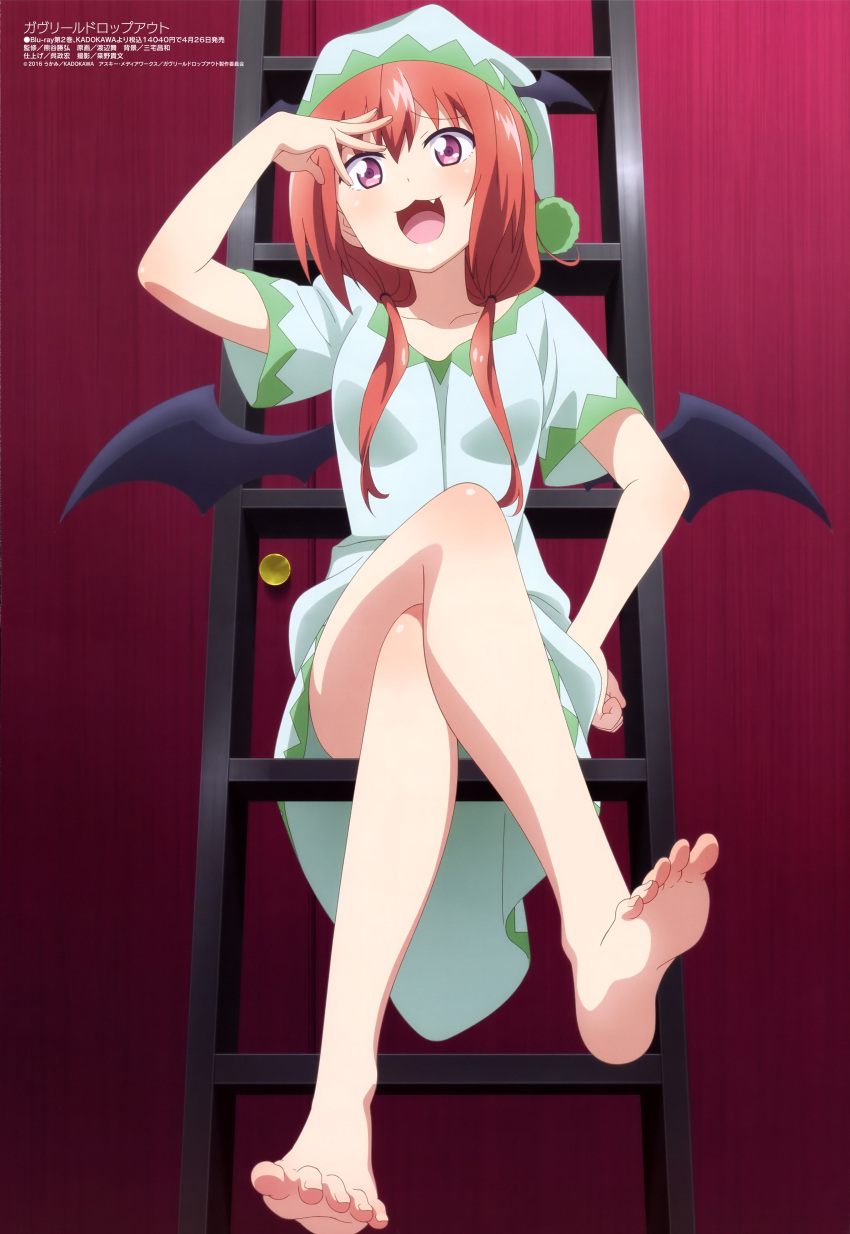 1girl 1girl :3 :d absurd_res alternate_hairstyle barefoot bat_wings crossed_legs fang feet foreshortening gabriel_dropout hat high_res ladder low_twintails megami_magazine nightcap official_art open_mouth pajamas pose purple_eyes red_hair satanichia_kurumizawa_mcdowell smile soles toes twin_tails watanabe_mai wings