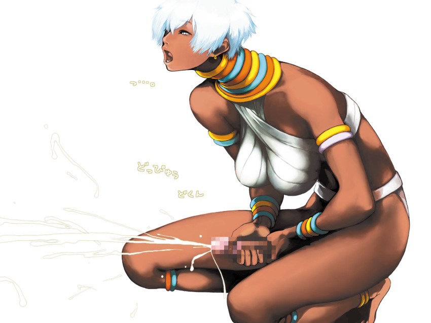 1girl anklet armlet bad_anatomy bare_shoulders barefoot blue_eyes bracelet breasts capcom censored cum dark_skin earrings ejaculation elena elena_(street_fighter) futanari half-closed_eyes highres jewelry large_breasts long_neck masturbation neck_ring open_mouth penis projectile_cum sammohung short_hair simple_background solo squatting street_fighter street_fighter_iii swimsuit white_background white_hair