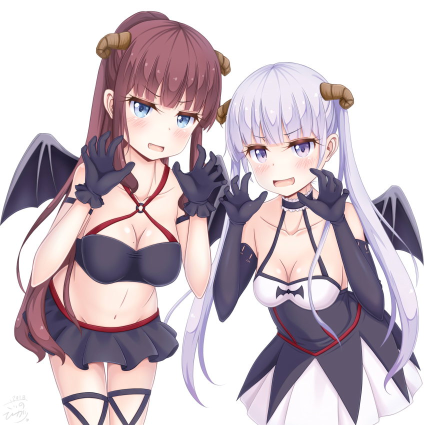 2_girls :d absurd_res arm_strap big_breasts black_bra black_gloves black_ribbon black_skirt blue_eyes blunt_bangs blush bra breasts brown_hair claw_pose cleavage collarbone commentary_request company_connection cosplay cowboy_shot criss-cross_halter demon_wings douga_koubou elbow_gloves fang gabriel_dropout gloves grey_hair groin hallelujah_essaim halloween halloween_costume halterneck high_ponytail high_res horns leg_ribbon long_hair looking_at_viewer medium_breasts microskirt midriff miniskirt multiple_girls navel new_game! o-ring open_mouth pleated_skirt purple_eyes ribbon sainohikari satanichia_kurumizawa_mcdowell satanichia_kurumizawa_mcdowell_(cosplay) shiny_skin simple_background skirt sleeveless smile standing stomach suzukaze_aoba takimoto_hifumi thigh_gap twin_tails underwear very_long_hair vignette_tsukinose_april vignette_tsukinose_april_(cosplay) white_background white_skirt wings