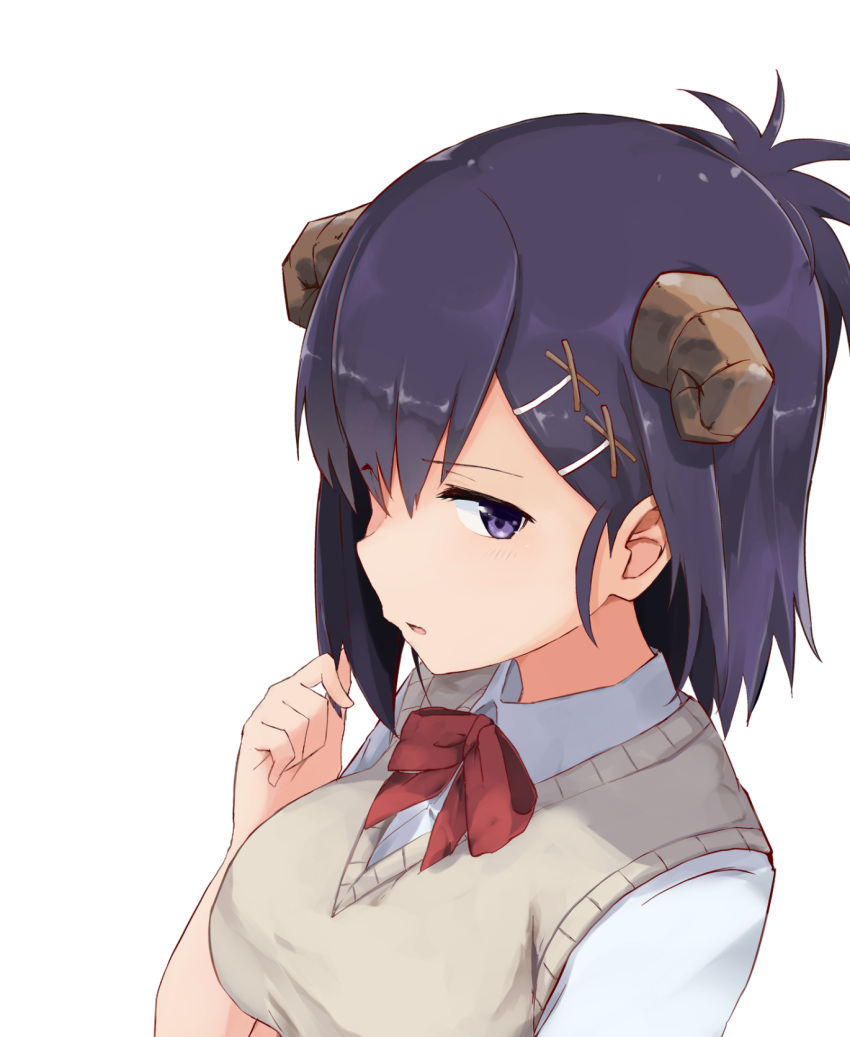 1girl big_breasts black_hair bow bowtie breasts collared_shirt commentary_request demon_horns gabriel_dropout hair_ornament high_res horns looking_to_the_side medium_hair purple_eyes rauto red_bow red_bowtie school_uniform sfw shirt short_sleeves sweater_vest vignette_tsukinose_april white_background white_shirt x_hair_ornament