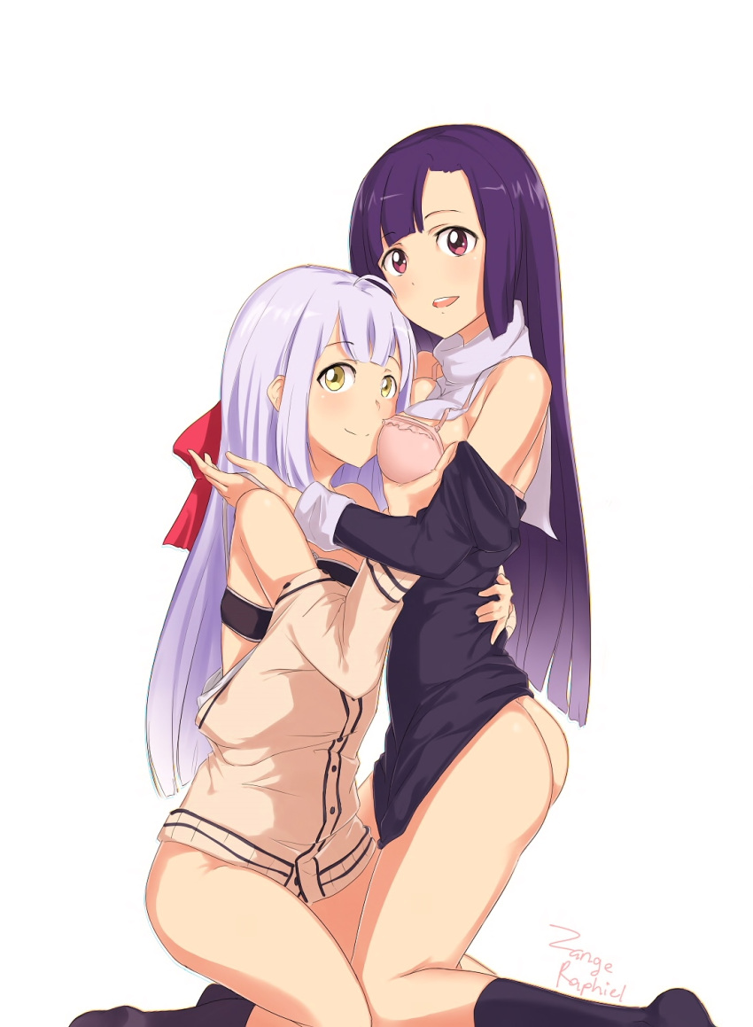 2_girls ass bare_shoulders black_bra black_hair bottomless bra breast_grab breasts cardigan crossover detached_collar dress gabriel_dropout grabbing grabbing_another's_breast hair_ribbon hanazawa_kana high_res hugging kannagi long_hair looking_at_viewer medium_breasts multiple_girls no_shoes pink_bra purple_eyes raphiel_shiraha_ainsworth ribbon saruno_(eyesonly712) silver_hair smile underwear voice_actor_connection yellow_eyes yuri zange