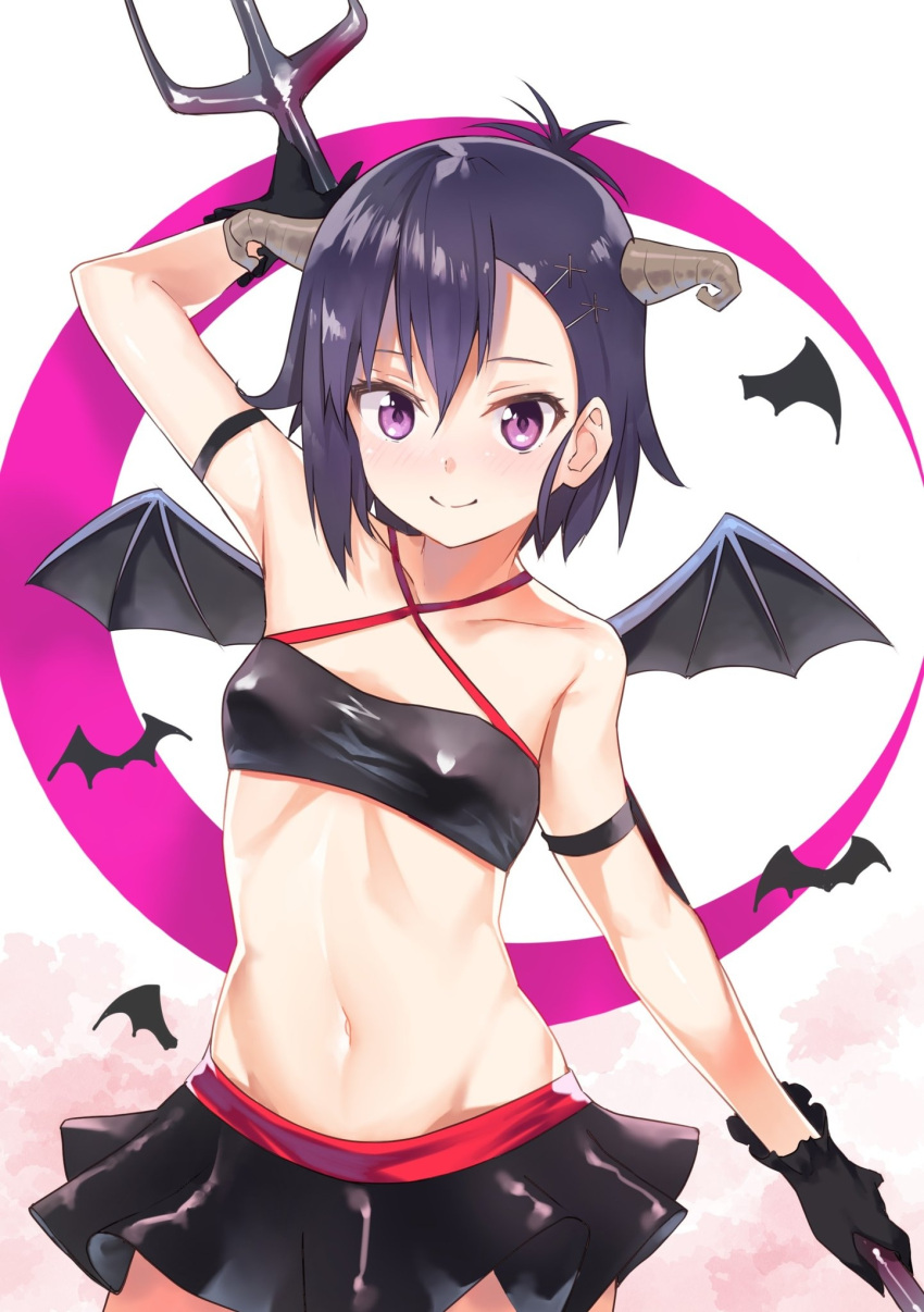 1girl 1girl arm_behind_head arm_up bad_id bad_pixiv_id bare_shoulders bat_background black_gloves black_skirt blush covered_nipples crop_top demon_girl demon_horns demon_wings gabriel_dropout gloves groin hair_between_eyes hair_ornament hairclip hallelujah_essaim high_res holding holding_behind_back holding_weapon horns kerun looking_at_viewer medium_hair midriff miniskirt navel pleated_skirt polearm purple_eyes purple_hair skin_tight skirt smile trident vignette_tsukinose_april weapon wings x_hair_ornament