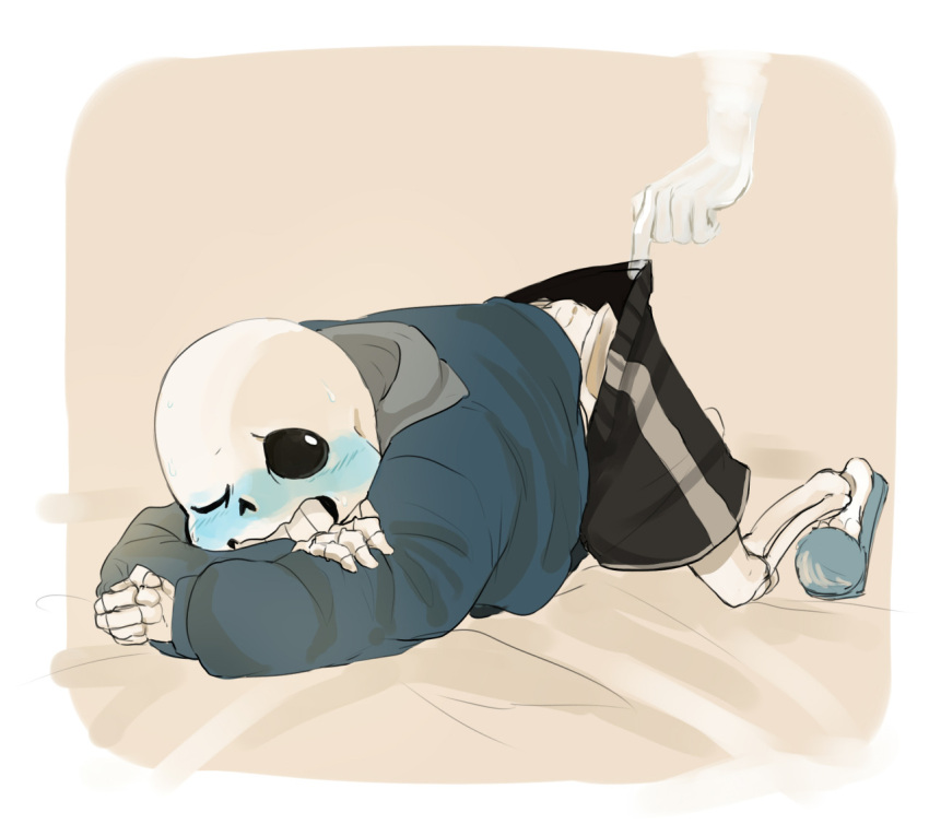 2d 2d_(artwork) animated_skeleton ass ass_up blue_blush blue_slippers blush bottom_sans cheztnuts clothed digital_media_(artwork) disembodied_hand hand kneel male male_focus malesub monster one_eye_closed pulling_pants sans sans_(undertale) skeleton slippers solo_focus submissive submissive_male top-down_bottom-up uke_sans undead undertale undertale_(series) video_games