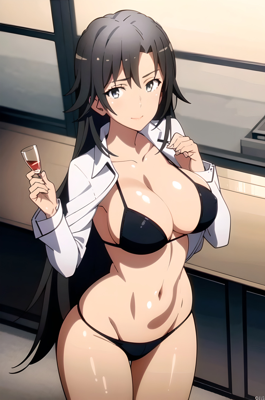 alluring big_breasts bikini black_hair blue_eyes cleavage holding_martini_glass lab_coat_aside legs nios ponytail posing shizuka_hiratsuka yahari_ore_no_seishun_lovecome_wa_machigatteiru.