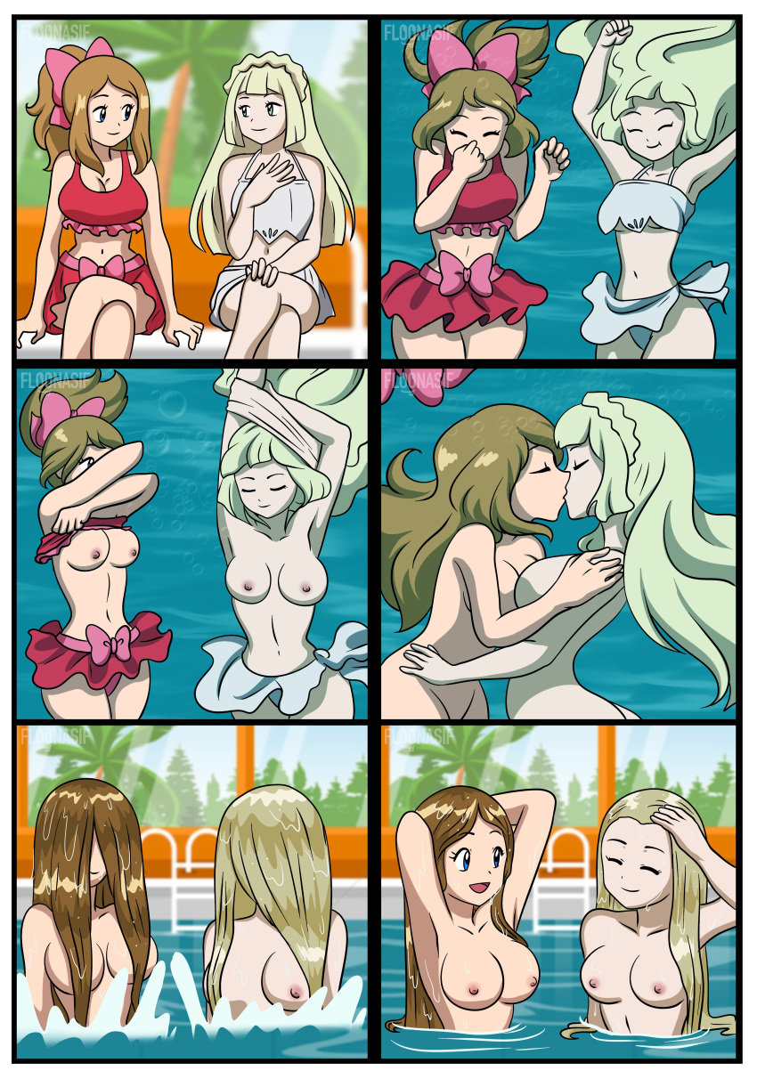 2girls absurd_res alluring ass big_breasts bikini blonde_hair breasts brown_hair comic commission female female/female female_only floonasif grey_bikini grey_swimsuit kissing lillie_(pokemon) medium_breasts navel nintendo nipples nude partially_submerged pokemon pool red_bikini red_swimsuit serena_(pokemon) skinny_dipping submerged swimming_pool swimsuit tagme underwater undressing water wet wet_hair yuri