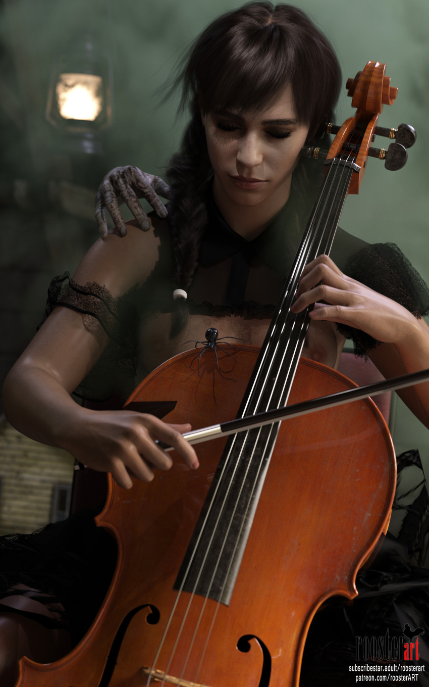 10:16 3d 3d_(artwork) 4k addams_family attic black_hair breasts breasts breasts cello closed_eyes female_focus hand_(wednesday) indoors jenna_ortega music nipples patreon patreon_username playing_instrument playing_music roosterart sitting small_breasts subscribestar subscribestar_username torn_clothes torn_clothing twin_braids wednesday_(netflix) wednesday_addams