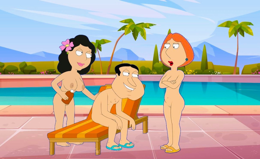 1boy 2girls big_breasts bonnie_swanson erect_nipples family_guy glenn_quagmire lois_griffin nude pool shaved_pussy thighs