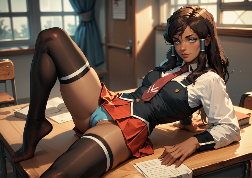 1girl ai_generated alternate_costume blue_eyes blue_panties female_only korra long_sleeves looking_at_viewer miniskirt red_miniskirt schoolgirl schoolgirl_uniform stockings the_legend_of_korra tie twin_tails vest