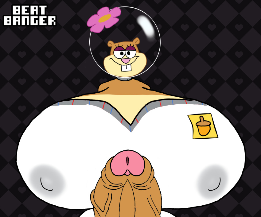 bearalpha_r34_fan beat_banger breasts_bigger_than_head breasts_bigger_than_torso flower half_naked huge_cock hyper_breasts leaking_milk logo looking_at_viewer sandy_cheeks spongebob_squarepants wet_clothes