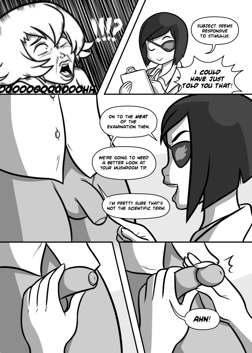 2014 2_girls amalia_sheran_sharm balls bottomless comic dialogue doctor eyepatch foreskin frida_mofette futanari hand_on_penis megasweet monochrome penis wakfu whakfuta_academy yuri