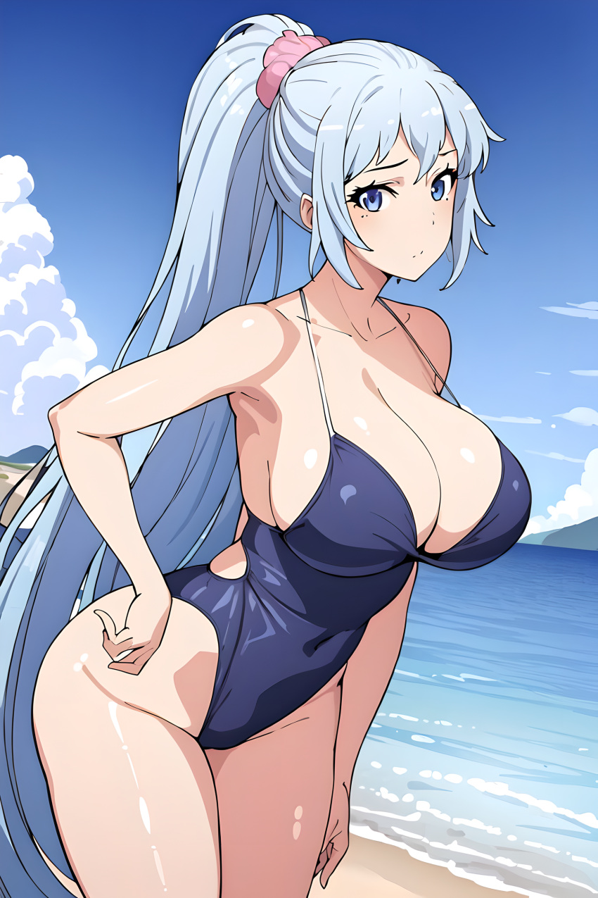 alluring bare_legs beach big_breasts bikini blue_eyes blue_sky cleavage cyan_hair kawasaki_saki nios ocean yahari_ore_no_seishun_lovecome_wa_machigatteiru.