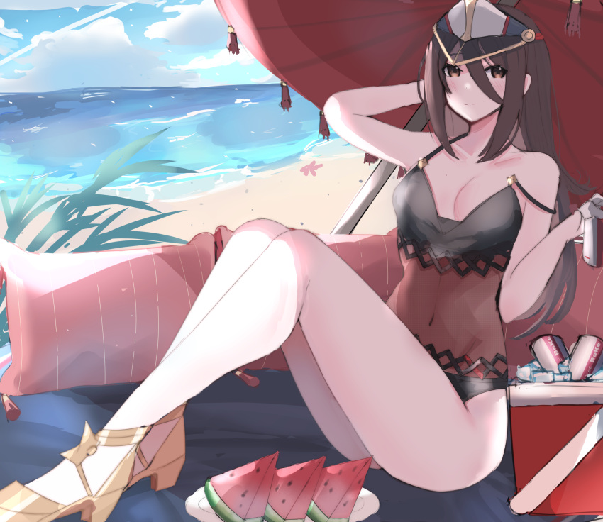 1girl absurd_res alluring bare_legs bare_shoulders bare_thighs beach beverage beverage_can bikini black_bikini black_hair black_swimsuit blue_sky breasts brown_eyes cleavage cooler female_only hands_behind_head high_heels high_res holding holding_beverage hourglass_figure long_hair looking_at_viewer medium_breasts mesh mesh_bikini morag_ladair nintendo one-piece_swimsuit plum_(artist) sand sky smile sun_hat swimsuit thick_thighs thighs umbrella very_long_hair water watermelon xenoblade_(series) xenoblade_chronicles_2