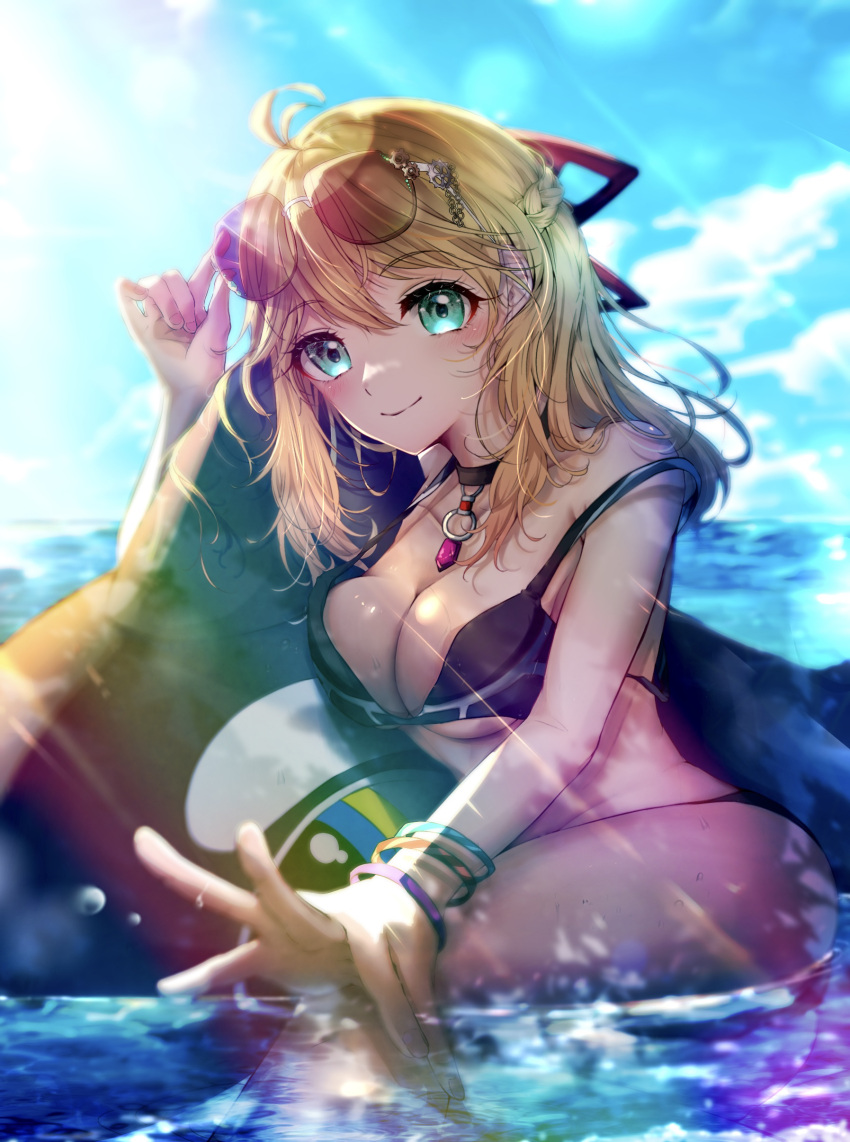 1girl 1girl absurd_res alluring ball beach big_breasts big_breasts bikini black_bikini black_swimsuit blonde_hair bracelet braid breasts choker cleavage curvy female_only fiora_(xenoblade) green_eyes grin high_res hourglass_figure long_hair looking_at_viewer monolith_soft necklace nemu_(ut_kakinotane) nintendo partially_clothed partially_submerged smile summer sunglasses sunglasses_on_head swimsuit thick_thighs thighs volleyball water wet xenoblade_(series) xenoblade_chronicles