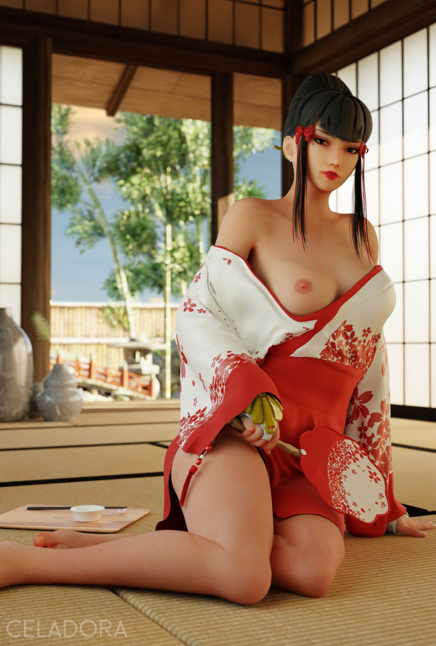 bandai_namco black_hair breasts celadora exposed_breasts gmilf japanese kazumi_mishima kimono mature mature_female mature_woman milf mishima_kazumi namco namco_bandai on_knees partially_clothed tekken tekken_7 twitter