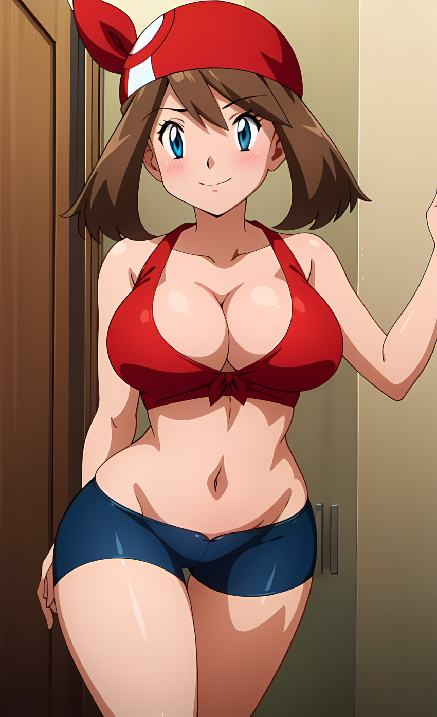 1girl alluring bandanna big_breasts blue_eyes brown_hair cleavage haruka_(pokemon) legs may may_(pokemon) nintendo pokemon pokemon_(anime) pokemon_dppt pokemon_rse_(anime) posing shirt short_shorts zengai