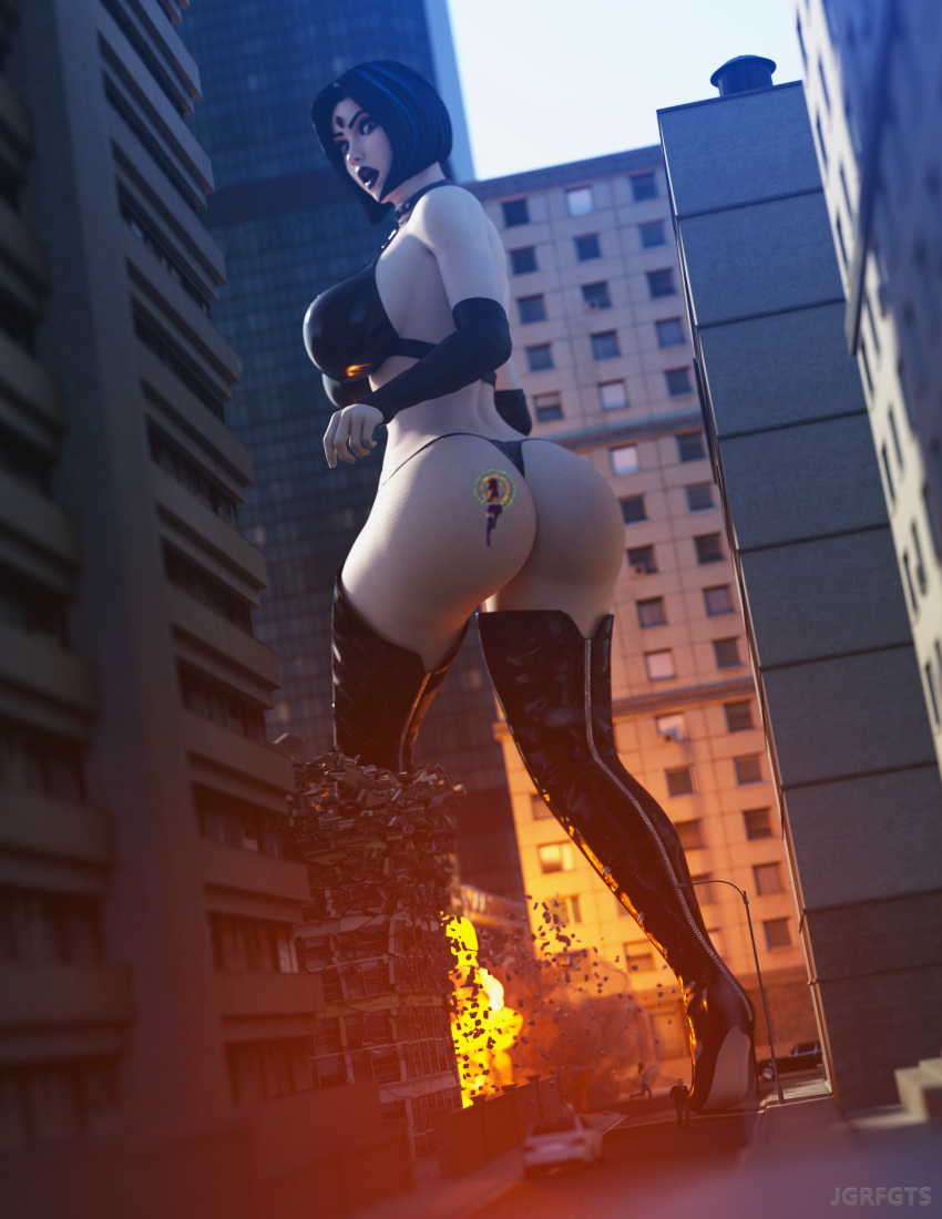 2girls 3d ass black_bra black_panties black_underwear bra breasts building building_destruction city city_destruction dat_ass daz3d daz_studio dc_comics destroyed_building epic_games explosion fortnite giantess grey_skin heeled_boots jgrfgts koriand'r larger_female panties rachel_roth raven_(dc) shocked shocked_expression size_difference smaller_female starfire suprised suprised_look teen_titans walking walking_away