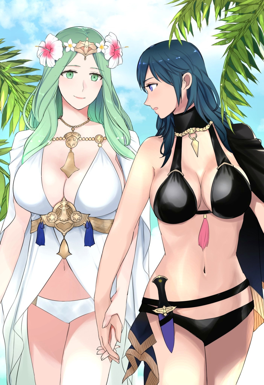 2_girls alluring alternate_costume big_breasts bikini black_bikini black_swimsuit blue_eyes breasts byleth_(fire_emblem) byleth_(fire_emblem)_(female) byleth_(summer)_(fire_emblem)_(female) camel000 capelet cleavage female_only fire_emblem fire_emblem:_three_houses fire_emblem_heroes green_eyes green_hair high_res holding_hands knife long_hair medium_hair multiple_girls nintendo official_alternate_costume outside rhea_(fire_emblem) rhea_(summer)_(fire_emblem) smile swimsuit teal_hair white_bikini white_swimsuit yuri