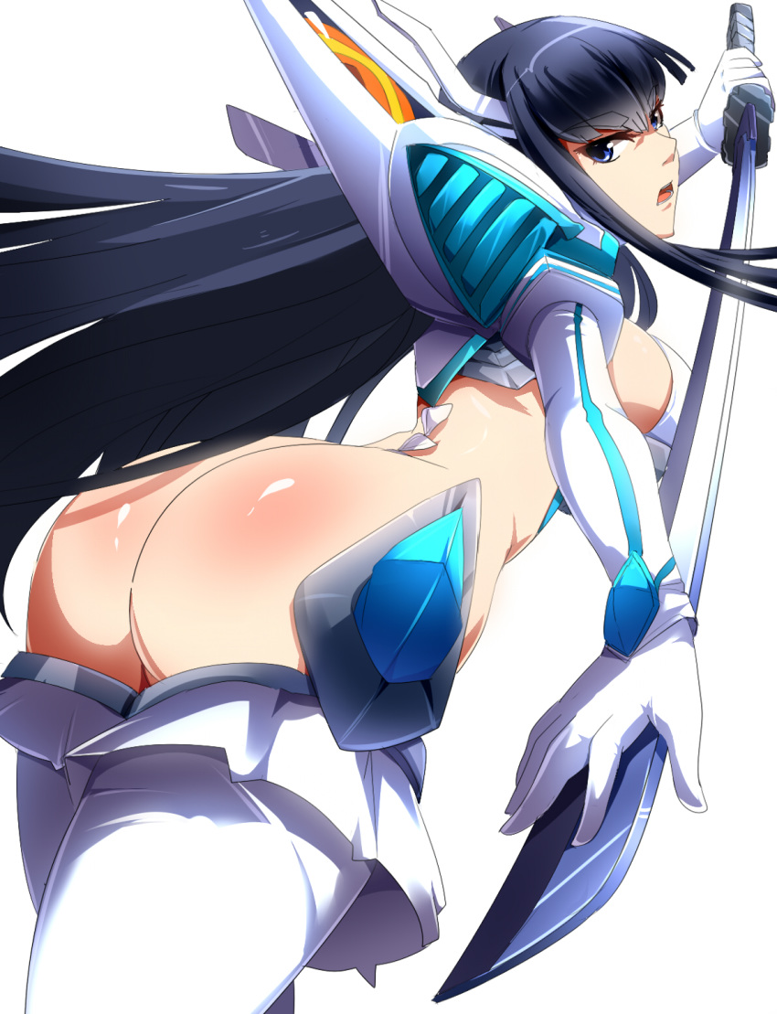 1girl ass black_hair blue_eyes breasts eyebrows highres junketsu katana kill_la_kill kiryuuin_satsuki large_breasts long_hair looking_at_viewer revealing_clothes shiny shiny_skin sideboob simple_background solo sword thighhighs umakatsuhai very_long_hair weapon white_background white_legwear