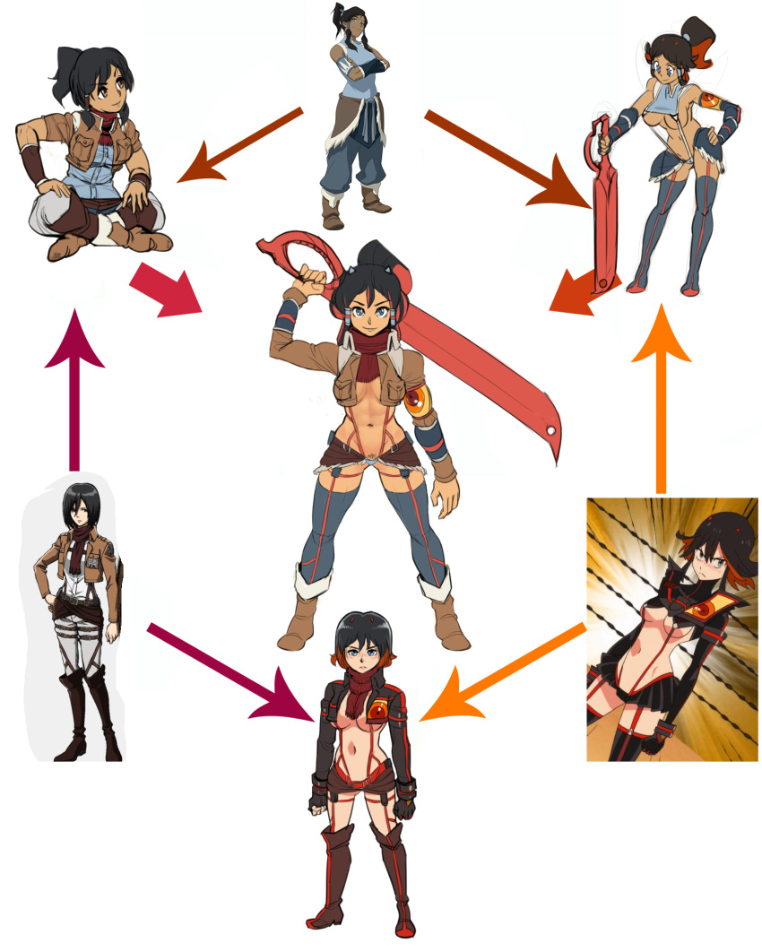 1girl 6+girls attack_on_titan avatar:_the_last_airbender bellend black_hair breasts chimerism fusion gonzozeppeli hexafusion highres jacket kill_la_kill korra living_clothes matoi_ryuuko midriff mikasa_ackerman multiple_girls pubic_hair revealing_clothes scarf scissor_blade senketsu short_hair short_shorts shorts skirt suspenders sword the_legend_of_korra thigh_strap triple_fusion underboob weapon