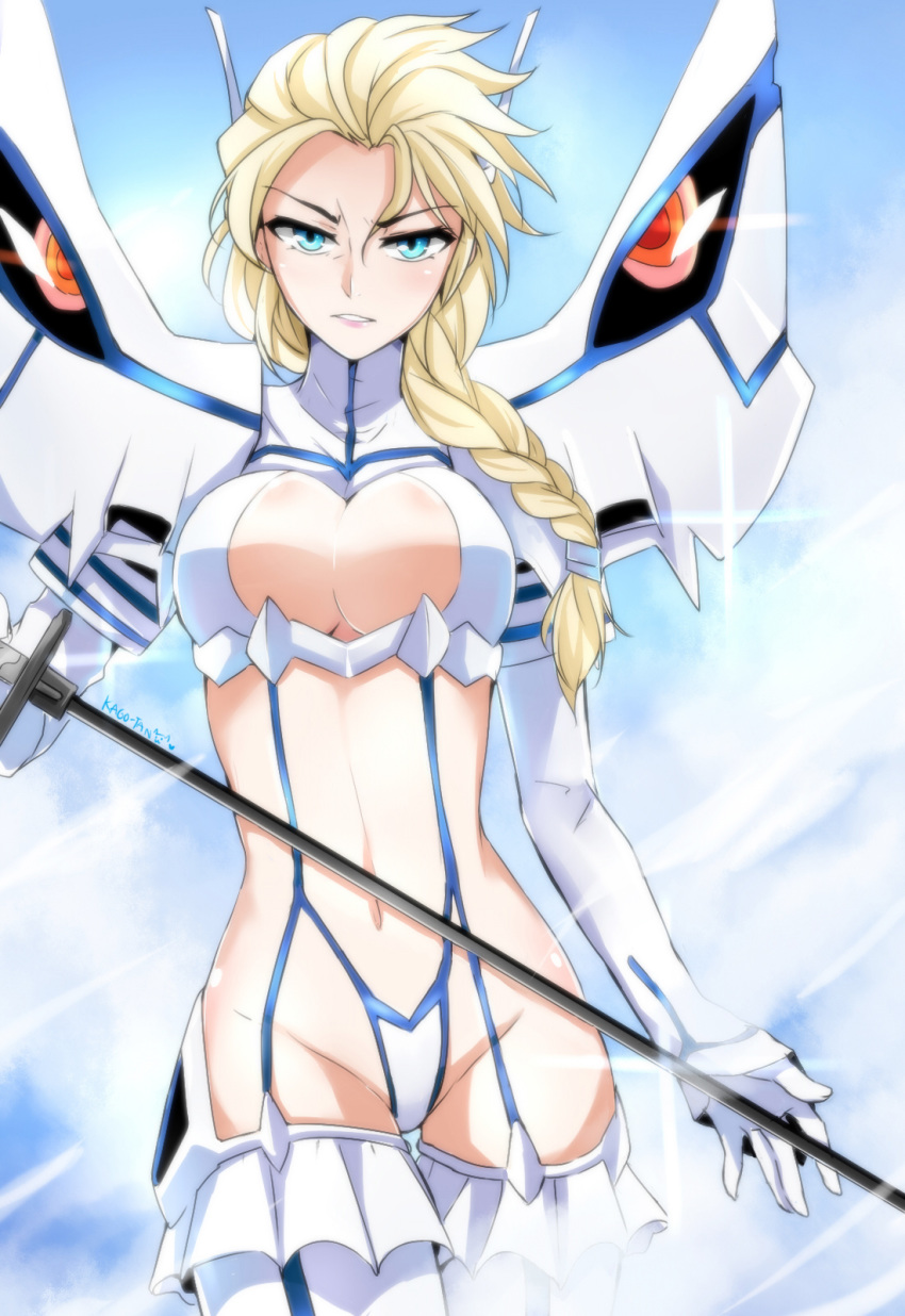 1girl absurdres biting blonde_hair blue_eyes boots braid breasts cleavage cleavage_cutout cosplay crossover disney elsa_(frozen) frozen_(movie) garter_straps hair_ornament hairclip highres junketsu kago-tan katana kill_la_kill kiryuuin_satsuki kiryuuin_satsuki_(cosplay) large_breasts lip_biting long_hair looking_at_viewer navel revealing_clothes single_braid solo suspenders sword thigh_boots thigh_gap thighhighs tsurime vector_trace weapon