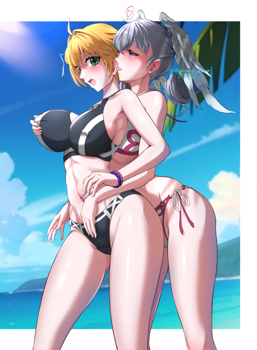 2_girls absurd_res alluring alternate_costume athletic_female beach big_breasts bikini black_bikini blonde_hair blue_hair blush breast_grab breast_squeeze breasts cleavage curvy dominant_female domination erect_nipples female_abs female_only femdom femsub fiora_(xenoblade) fit_female grabbing_breasts green_eyes groping_breasts groping_from_behind head_wings heart high_res lezdom lezsub licking medium_breasts melia_antiqua mercury_xeno midriff monolith_soft nintendo official_alternate_costume pink_bikini silver_hair slim_waist submissive submissive_female swimsuit_aside thick_thighs thighs voluptuous_female wide_hips wings wings_on_head xenoblade_(series) xenoblade_chronicles yuri