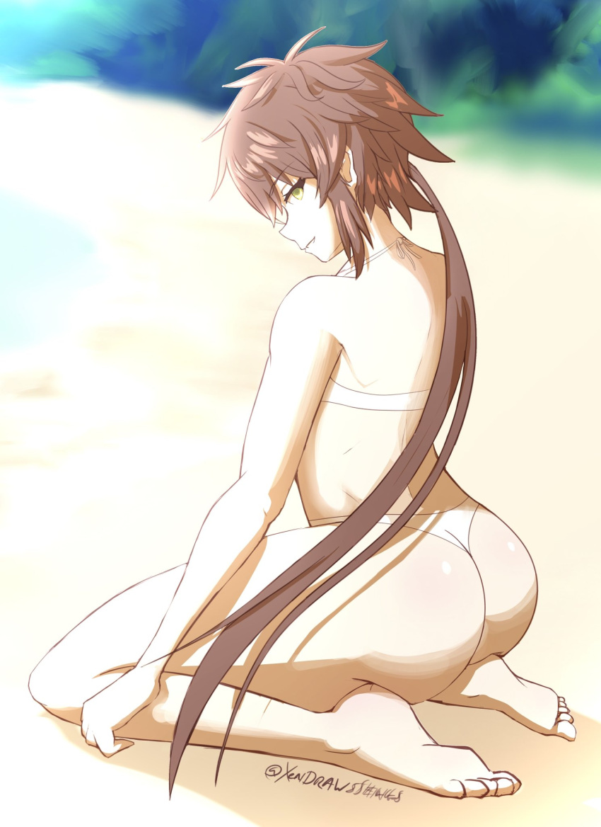 1girl alluring bare_legs beach bikini brown_hair gold_eyes lora_(xenoblade) nintendo short_hair xendrawsseggs xendrawsthings xenoblade_(series) xenoblade_chronicles_2 xenoblade_chronicles_2:_torna_-_the_golden_country