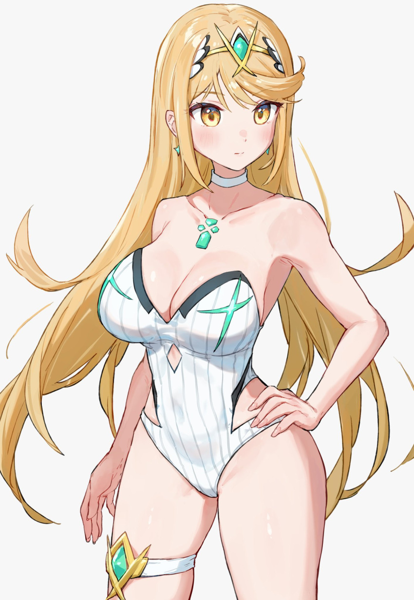 1girl 1girl alluring big_breasts blonde_hair blush breasts closed_mouth collarbone commentary_request core_crystal_(xenoblade) earrings hand_on_own_hip high_res jewelry long_hair mythra one-piece_swimsuit simple_background swimsuit thigh_strap tiara white_background xenoblade_(series) xenoblade_chronicles_2 yellow_eyes yomizu_(rdad3278)