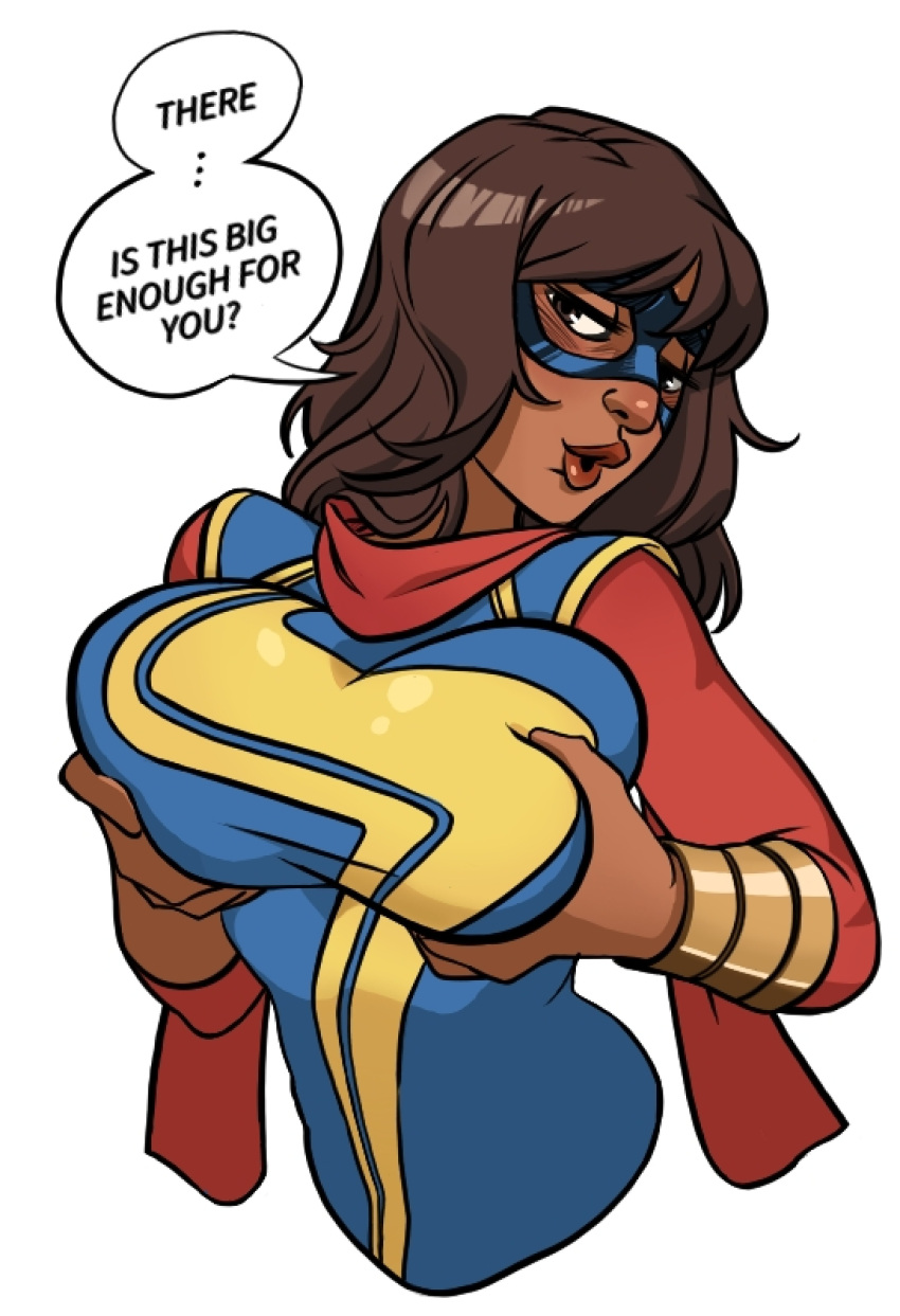 1girl big_breasts bleepideeboop bracelet breasts brown_eyes brown_hair brown_skin brown_skinned_female clothed_female dialogue_bubble elastic elastic_body english_text enlarged_breasts female_focus female_only flirting flirting_look flirting_with_viewer groping_breasts high_res holding_breast kamala_khan long_hair looking_at_viewer marvel marvel_comics mask masked masked_female ms._marvel muslim muslim_female older older_female pakistani pakistani_female scarf soft_breasts solo_female solo_focus speech_bubble squeezing_breast superhero_costume superheroine teen teenage_girl text white_background young_adult young_adult_female young_adult_woman