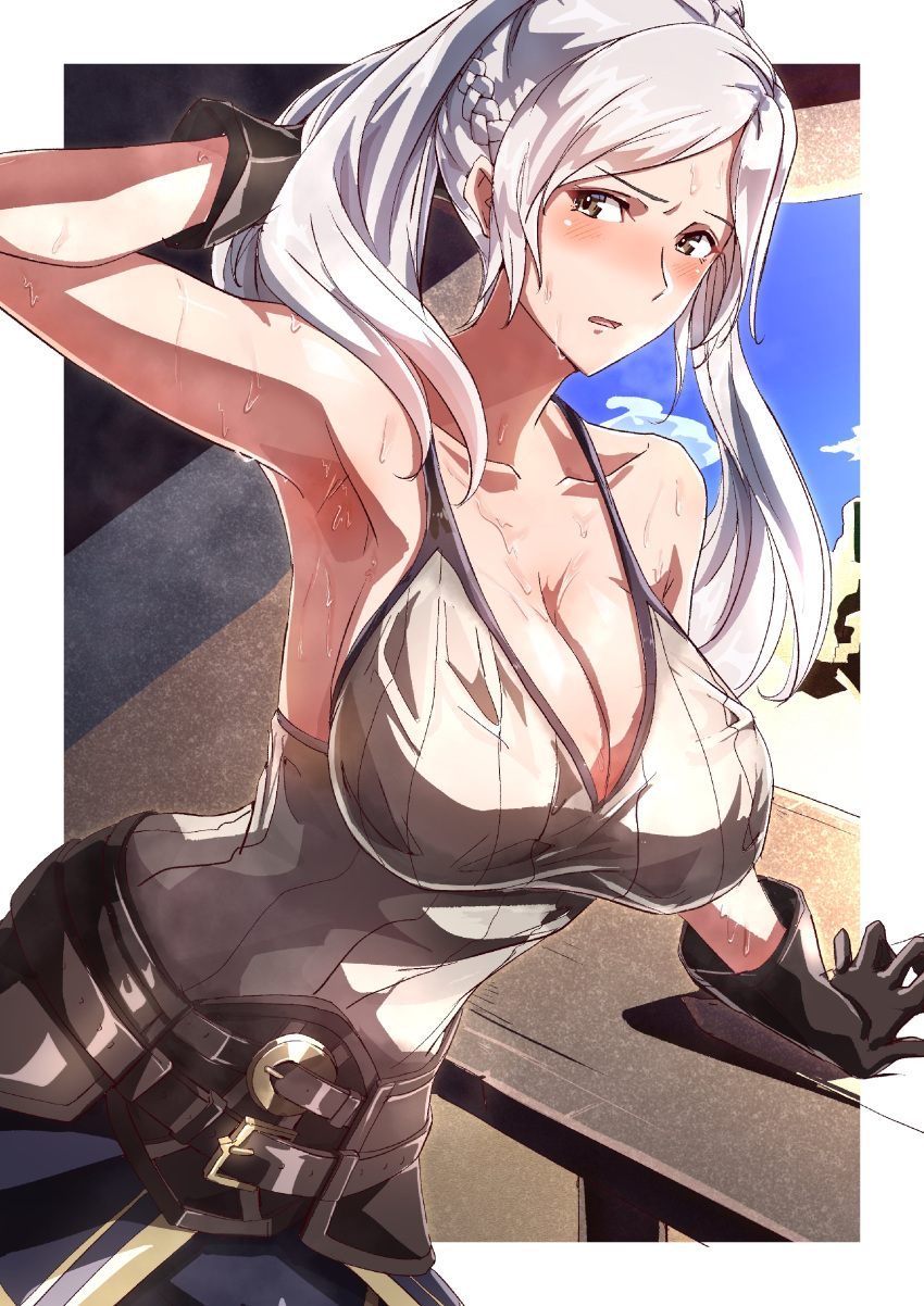 1girl alluring big_breasts blush breasts cleavage fire_emblem fire_emblem_awakening nintendo robin_(fire_emblem) robin_(fire_emblem)_(female) sweat to_(tototo_tk) twin_tails white_border white_hair