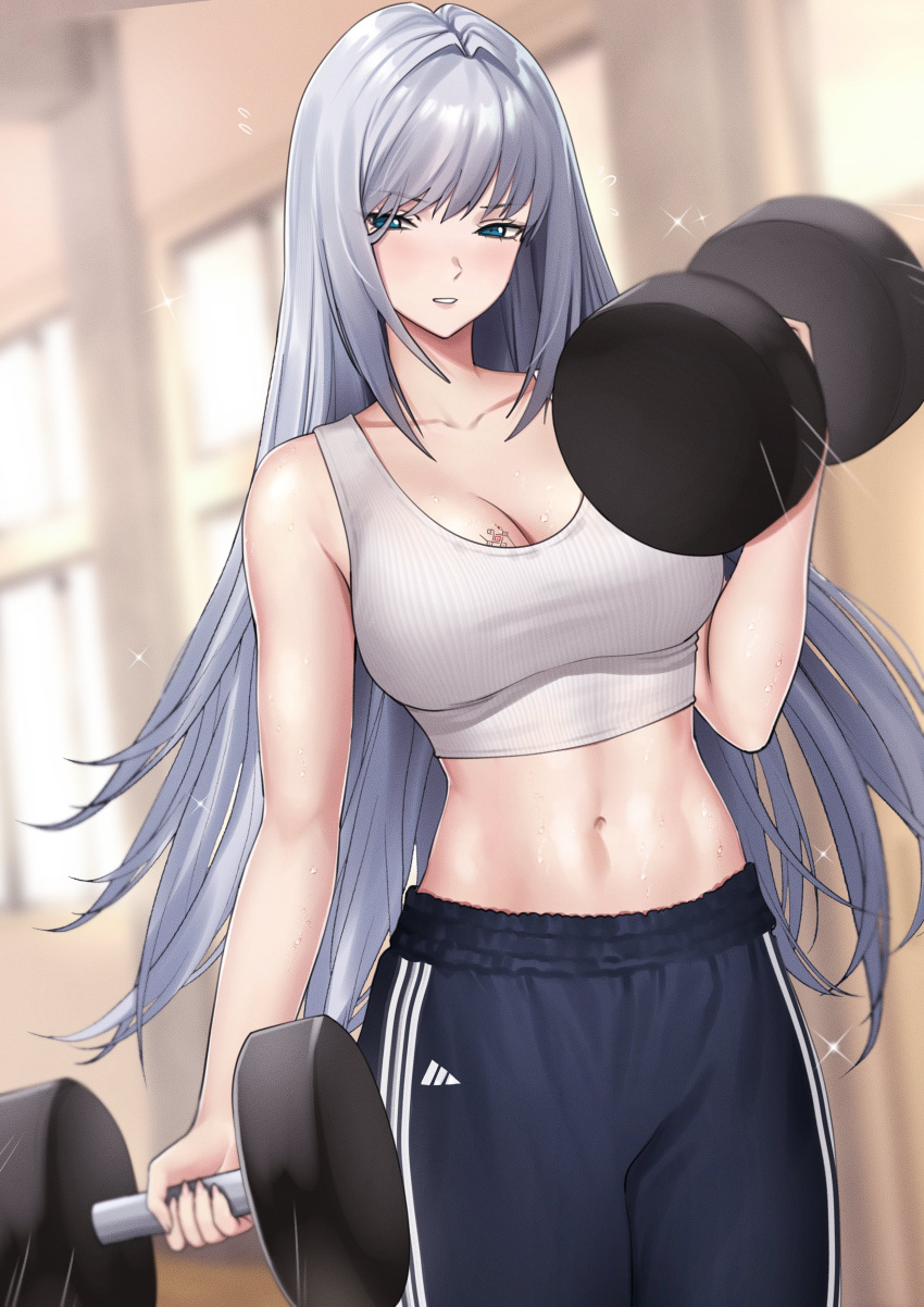 1girl 1girl abs absurd_res alluring athletic_female bare_arms bare_shoulders big_breasts big_breasts blue_eyes breast_tattoo breasts cleavage crop_top curvy dumbbell ethel_(xenoblade) female_abs female_only fit_female gym_pants high_res hourglass_figure long_hair mari48240422 monolith_soft nintendo silver_hair slim_waist sports_bra sweat sweatdrop sweating sweatpants tattoo thick_thighs thighs very_long_hair weightlifting weights white_topwear wide_hips working_out xenoblade_(series) xenoblade_chronicles_3