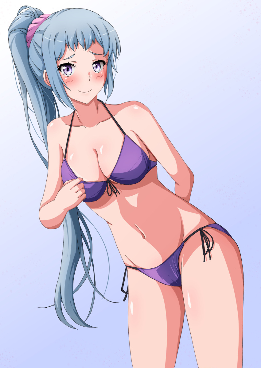 1girl 1girl alluring arm_behind_back big_breasts bikini blue_hair blush breasts cleavage closed_mouth commentary_request cowboy_shot hair_ornament hair_scrunchie high_res kawasaki_saki konoyan long_hair looking_at_viewer navel pink_scrunchie ponytail purple_bikini purple_eyes scrunchie smile standing swimsuit yahari_ore_no_seishun_lovecome_wa_machigatteiru.