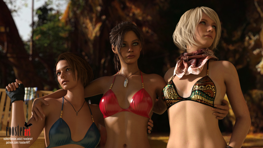 16:9 16:9_aspect_ratio 3_girls 3d 3d_(artwork) 4k ashley_graham beach belly belly_button bikini bikini_top blonde blonde_hair blue_bikini brown_hair claire_redfield fit fit_female jill_valentine looking_away medium_hair necklace nsfw_version_available patreon patreon_username red_bikini resident_evil roosterart scarf shoulders standing subscribestar subscribestar_username tan_body tanned tanned_female tanned_girl tanned_skin vacation video_game video_game_character video_game_franchise