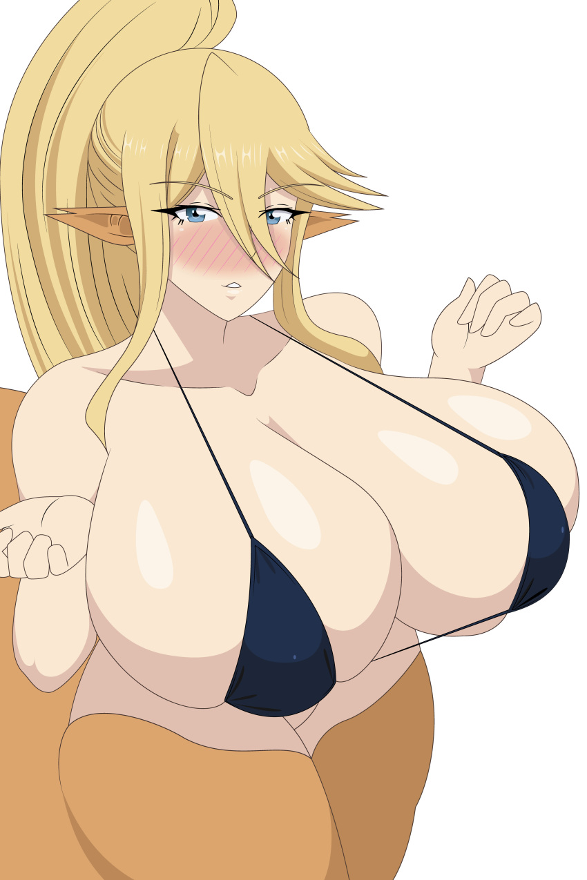 bikini bikini_top blonde_hair blue_eyes centaur centauress centorea_shianus crowns gigantic_breasts monster_girl monster_musume_no_iru_nichijou ponytail taur voluptuous