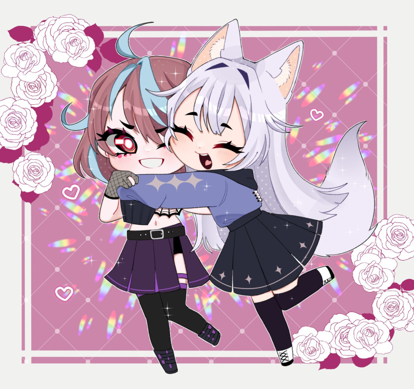 2_girls 2girls animal_ears animal_tail chibi duo emikukis fanart female_only hugging owozu spider_girl tail vtuber