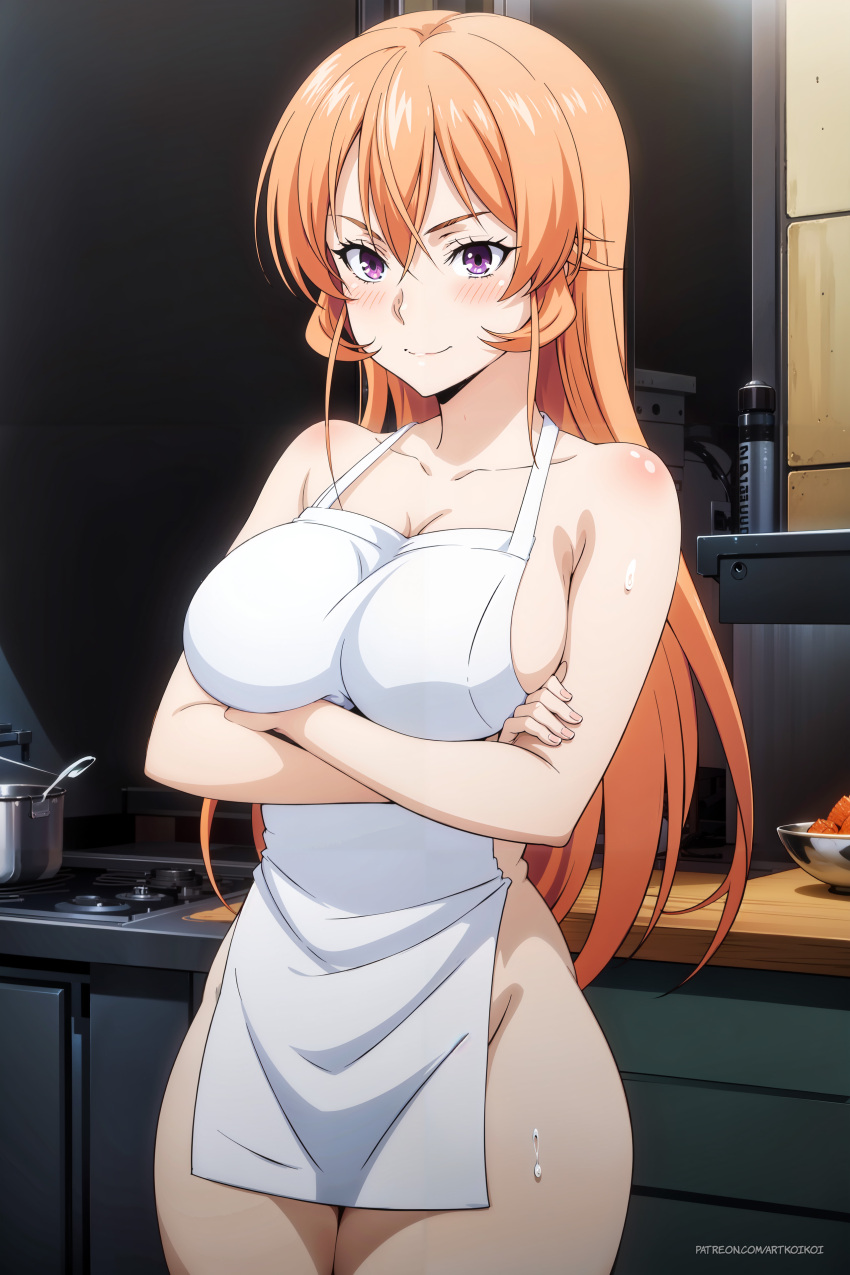 1girl alluring apron_only big_breasts kitchen koikoi_(artist) mischievous_grin naked_apron nakiri_erina purple_eyes shokugeki_no_souma smile strawberry_blonde_hair