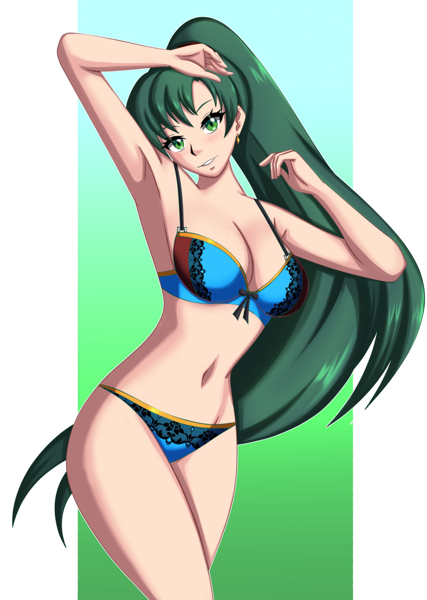 1girl alluring big_breasts bra breasts cleavage female_only fire_emblem fire_emblem:_the_blazing_blade green_eyes green_hair lingerie lyn_(fire_emblem) nintendo panties pin_up sonicheroxd underwear